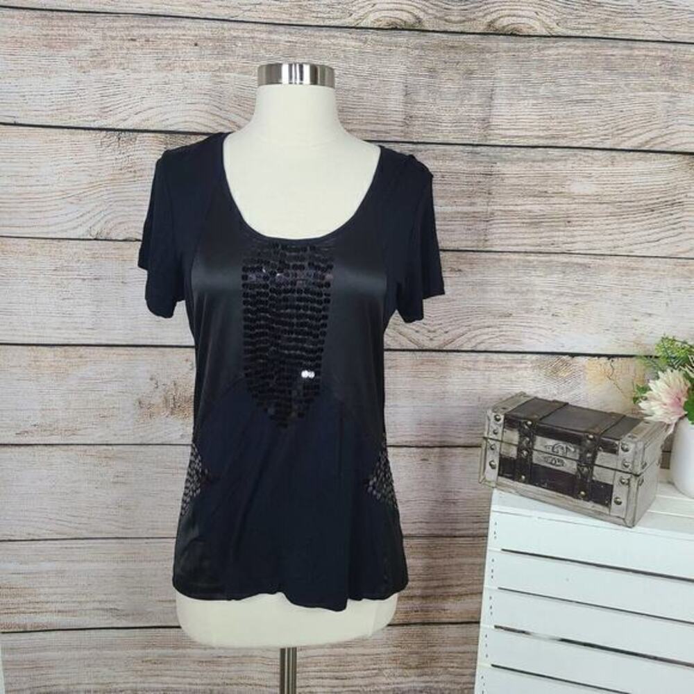 5/$25 Walter Baker Black Scoop Neck Short Sleeve Sequin T Shirt Top Size XS